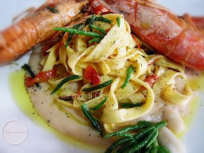 Tagliatelle al Kamut con Salicornia, Scampi, Gamberi Rossi e Cannellini