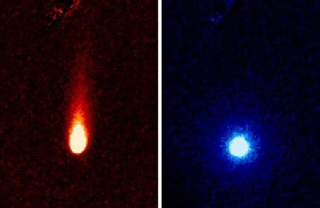 La cometa ISON fotografata da Spitzer il 13 giugno 2013, in due diversi filtri dell'infrarosso (i colori rosso e blu sono stati scelti in modo arbitrario per sottolineare le diverse componenti della cometa). Crediti NASA/JPL-Caltech/JHUAPL/UCF