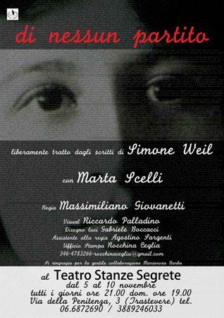 locandina di nessun partito Di nessun partito, in scena al Teatro Stanze segrete di Roma un omaggio alla scrittrice Simone Weil