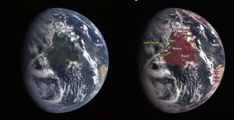 L’immagine della Terra a sinistra è in luce visibile. In quella a sinistra è stata enfatizzata la componente del vicino-infrarosso, che evidenzia le zone con vegetazione. Crediti: NASA/Johns Hopkins University Applied Physics Laboratory/Carnegie Institution of Washington