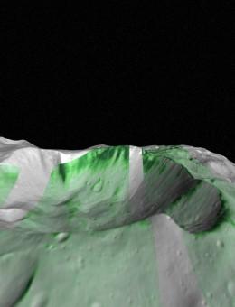  L'olivina, un materiale comune nelle rocce del mantello dei pianeti interni del Sistema solare, è stata individuata su Vesta con l'analisi dei dati iperspettrali raccolti dallo strumento VIR a bordo della sonda Dawn. Nell'immagine, in verde sono indicati gli affioramenti di olivina  all'interno del cratere Bellicia. Crediti: immagine generata da Alessandro Frigeri ed Eleonora Ammannito combinando i dati dello spettrometro VIR e le immagini della Framing Camera a bordo di Dawn.