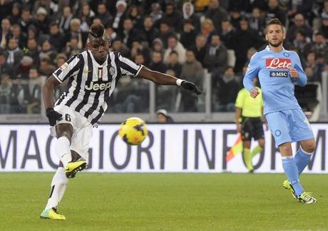 Juventus' Pogba shoots to score a third goal against Napoli during Italian Serie A match in Turin