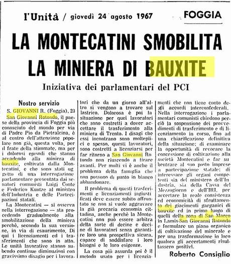 La miniera di bauxite di San Giovanni Rotondo nei ritagli dell'Unità