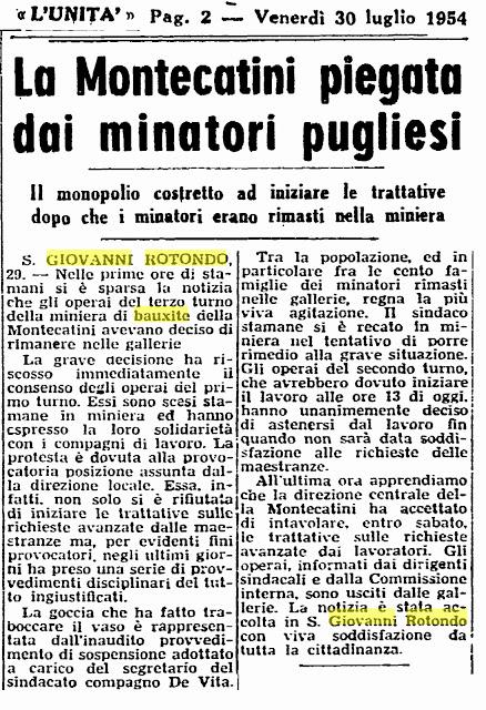 La miniera di bauxite di San Giovanni Rotondo nei ritagli dell'Unità