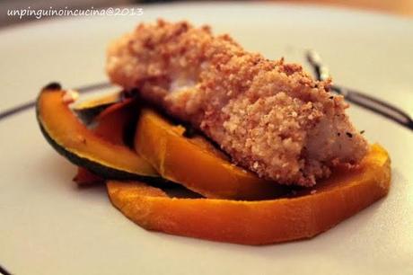 Bocconcini di nasello in crosta di amaretti con zucca al forno