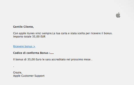 Schermata 2013 11 14 alle 13.51.25 Attenti alla truffa: mail Apple promette 35€ di bonus su iTunes