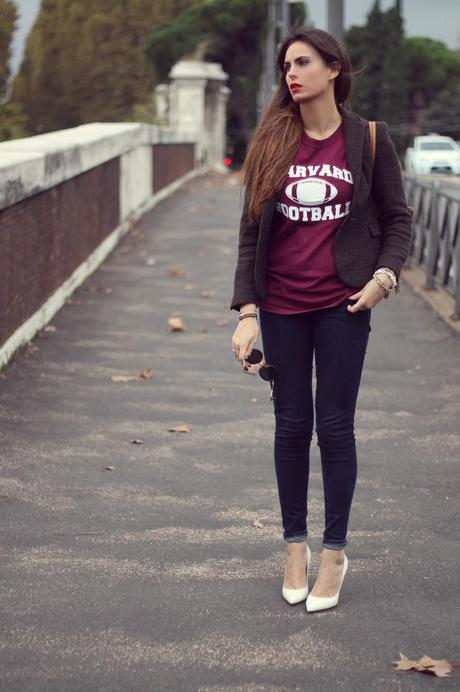 AUTUMN OUTFIT IDEAS_harvard college tee_wool jacket_hollister skinny jeans_louis vuitton neverfull_white heels_opsobjects bracelets_zerouv sunglasses_lovehandmade_fashion blog_2013_fall 2013_barbara valentina grimaldi 