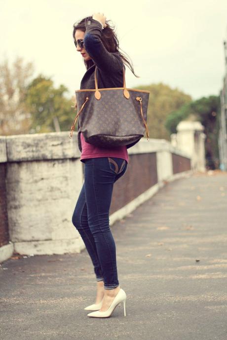 AUTUMN OUTFIT IDEAS_harvard college tee_wool jacket_hollister skinny jeans_louis vuitton neverfull_white heels_opsobjects bracelets_zerouv sunglasses_lovehandmade_fashion blog_2013_fall 2013_barbara valentina grimaldi 