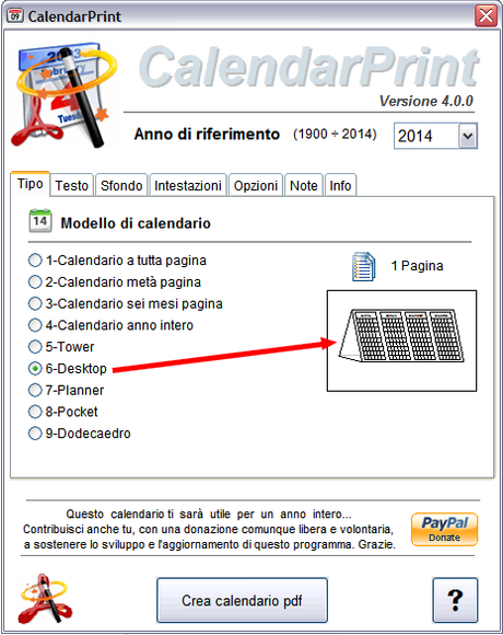 Schermata principale di CalendarPrint 2014