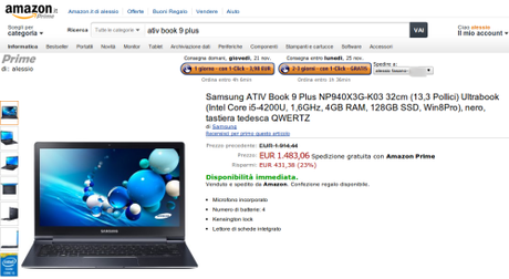 Samsung ATIV Book 9 Plus NP940X3G K03 32cm  13 3 Pollici  Ultrabook  Intel Core i5 4200U  1 6GHz  4GB RAM  128GB SSD  Win8Pro   nero  tastiera tedesca QWERTZ  Amazon.it  Informatica