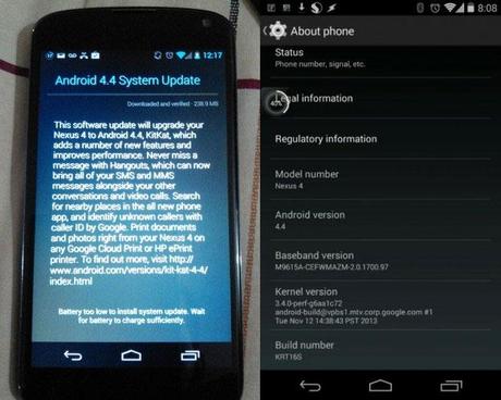 Android 4.1 Kitkat Per nexus 4 dipsonibile per l' aggiornamento