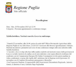 Xylella fastidiosa. Nardoni venerdì a Lecce in confstampa