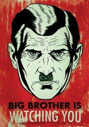 Manifesto del Grande Fratello, col Grande Fratello ritratto con caratteristiche somatiche comuni sia ad Hitler sia a Stalin, tratto dal fumetto 