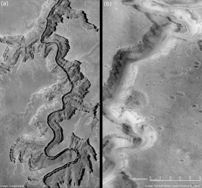 In questa immagine è stato messo a paragone una sezione del Grand Canyon in Arizona (USA) e una sezione della Nanedi Valles su Marte (sulla destra), larga circa 2,5 km. Crediti: Penn State University