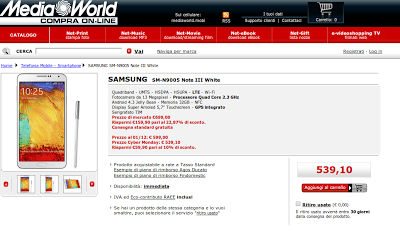 Super Offerta Samsung Galaxy Note 3 Garanzia Italia a 539 euro da Mediaworld