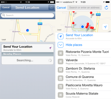 Come si puo vedere il servizio di geolocation è migliorato parecchio; possiamo notare infatti, nella stessa posizione, la quantità di punti di interesse che vengono trovati con le nuove apple maps, a differenza delle vecchie mappe google (questo probabilmente avviene grazie al nuovo mapkit che mette a disposizione degli sviluppatori un set di funzioni piu facili da integrare nelle app iOS, rispetto alle api google, che invecie erano piu difficili da implementare per via della cattiva collaborazione tra google ed apple)     (a destra ios7)