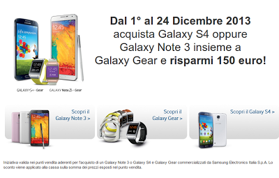 Samsung: sconto di 150 euro su bundle Galaxy Note 3 + Galaxy Gear o Galaxy S4 + Galaxy Gear