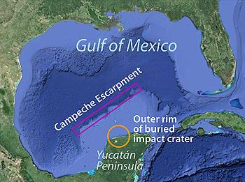 Questa mappa mostra il Golfo del Messico, la scarpata di Campeche e il cratere da impatto ormai sepolto. Immagine da Google Earth