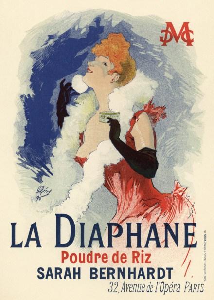 Figura fondamentale nell’evoluzione del manifesto della seconda metà dell’Ottocento fu il francese Jules Chéret, che applicò la sua arte sia alla pubblicità commerciale, sia alla cartellonistica teatrale. E proprio al mondo della mondanità e dello spettacolo si rivolse per attingere il tono leggero, brillante e un po’ frivolo della sue immagini, caratterizzate da una grande carica evocativa e capaci per questo di apparire immediatamente gradite al pubblico.  La figurina femminile della pubblicità della cipria La Diaphane (1890) non è una donna qualunque, ma una signora libera e spregiudicata, nella quale anche la più dimessa casalinga può – per la magia di questo codice comunicativo – identificarsi... purché usi il suo stesso maquillage.