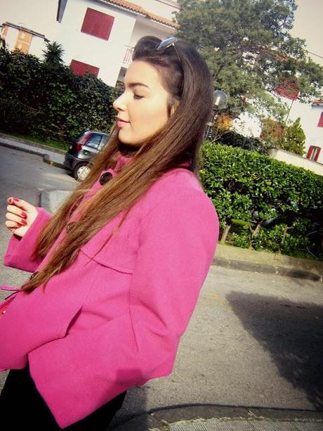 Pink coat.