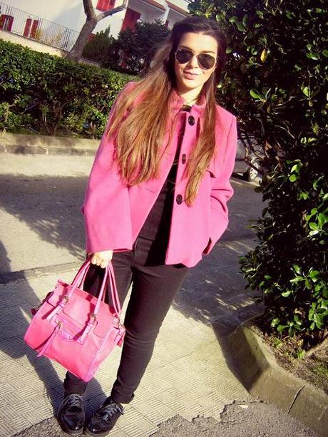 Pink coat.