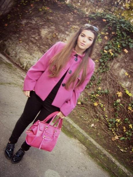 Pink coat.