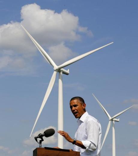 U.S. President Obama delivers a statement to media about energy on the Heil Family Farm while in Haverhill