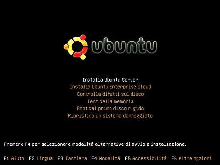 La schermata iniziale di installazione di Ubuntu Server