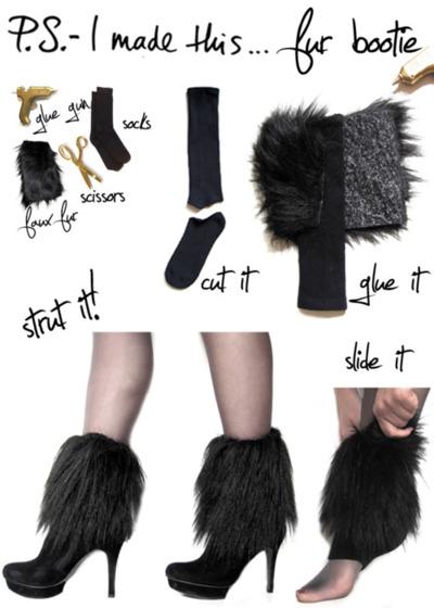 Making a statement with each stride is a must…so be brave, bold, and confident when you strut your stuff. Inspired by the luscious and luxe furs gracing this season’s runways and real-ways,  these booties pay homage to the furry, the fuzzy and the faux real!  Take a walk on the wild side!I hit up my favorite fabric store Mood for faux fur.  You only need a little, so get a half yard, and save the leftovers for a future DIY.  Cut into rectangles that will measure around your ankles.  Use a hot glue gun to secure onto a sock tube (which is made by snipping off the footies).  Slip on, and slide a bootie on your paws for a ferocious combo! 