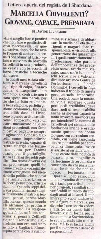 Lettera al regista Davide Livermore