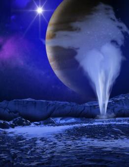 Immagine artistica della superficie ghiacciata di Europa con un getto d'acqua in primo piano e Giove sullo sfondo. Crediti: K. Retherford, Southwest Research Institute