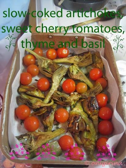 Slow-cooked artichokes with cherry tomatoes and A spottier dick pudding