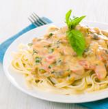 Pasta with mushrooms, smoked sausage and cream sauce with basil