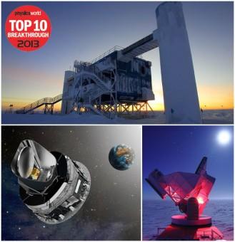 I tre esperimenti di astrofisica presenti fra i dieci della top ten di Physics World. Dall'alto, in senso orario: IceCube, il South Pole Telescope e Planck