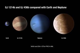 Le dimensioni di GJ 1214b e di GJ 436b rispetto a quelle della Terra e di Nettuno. Crediti: NASA & ESA, STScI-PRC14-06b  