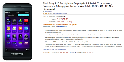 Blackberry Z10 Black a 329 euro su Amazon Italia