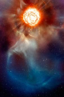 Una rappresentazione artistica di Betelgeuse e del suo inviluppo di gas. Crediti:  ESO/L. Calçada