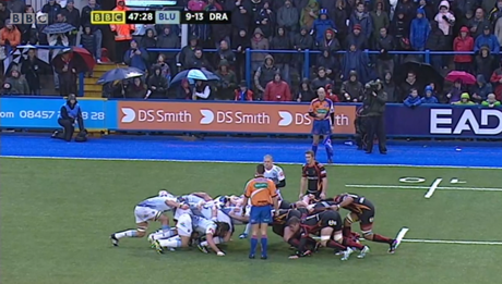 Nello screenshot di BBC Wales, l'ultimo derby giocato all'Arms Park di Cardiff tra Blues e NG Dragons