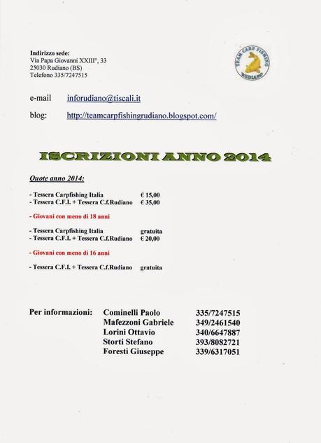 a.s.d.TEAM CARPFISHING RUDIANO 55 - 1a RIUNIONE DELL'ANNO - PROGRAMMA 2014