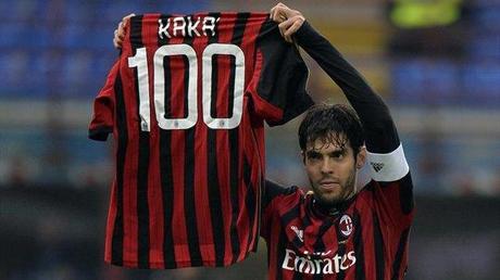 AC Milan's Kaka shows a jersey celebrating his 100th goal for AC Milan during their Italian Serie A soccer match against Atalanta at the San Siro stadium in Milan January 6, 2014 (Reuters)