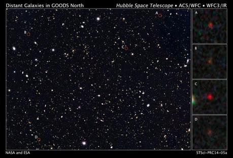 Le quattro galassie (in rosso) ottenute da Hubble come dovevano apparire 500 milioni di anni dopo il big bang. Crediti: NASA/ESA/Illingworth,Oesch,UC-SC/Bouwens, Labb,Leiden U.