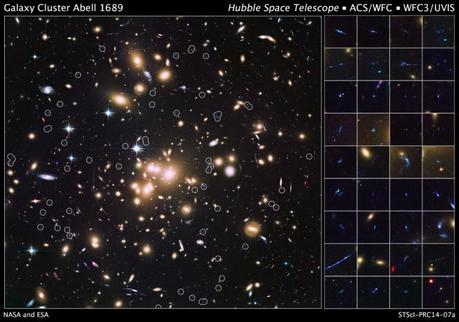 Le 58 galassie remote ottenute grazie all’ammasso di galassie Abell 1689. Crediti: NASA/ESA/B.Siana, A.Alavi, UC Riverside