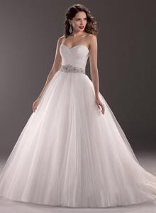 2014 New Arrival Princess Ball Gown Sweetheart Side Pleated Beadng Belt Court Train Wedding Dress