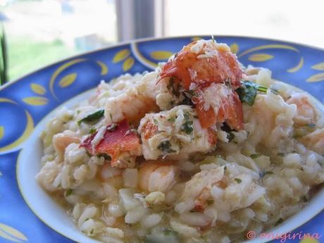 Marinated chickpeas and Lobster, crab and prawns risotto with fennel and chilli