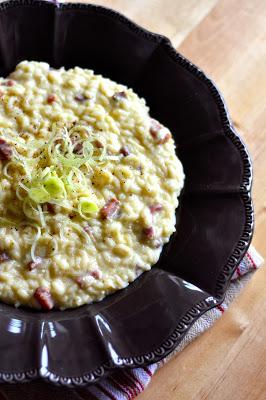 Risotto con porri, ricotta e prosciutto