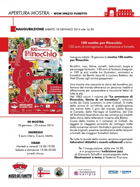 Sabato 18 gennaio inaugurazione della mostra 100 matite per Pinocchio al WOW Spazio Fumetto WOW Spazio Fumetto 