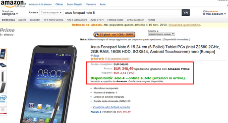 Asus Fonepad Note 6 in offerta a 346 euro con vendita a carico di Amazon Italia