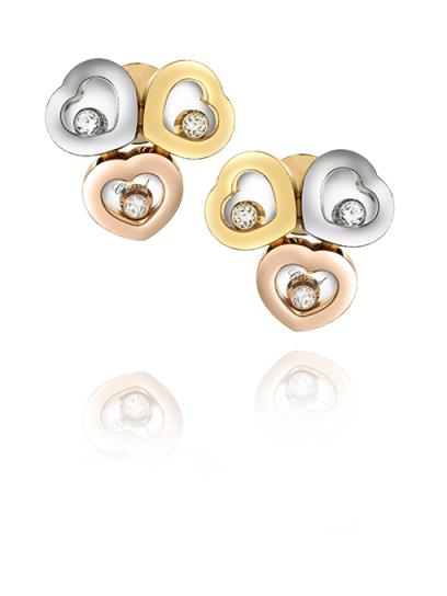 Orecchini 3 cuori appartenenti alla collezione Happy Diamonds in oro giallo, rosa e bianco 18ct formato da tre diamanti mobili.