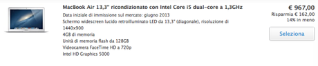 Screenshot 2014 01 21 15.22.08 600x126 MacBook Air 13,3 ricondizionato con Intel Core i5 dual core a 1,3GHz a soli 967 Euro su Apple Store !!