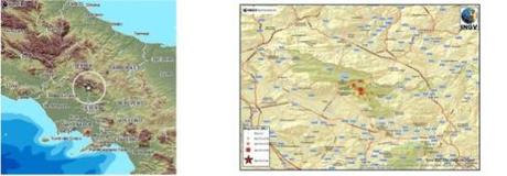 A sinistra: Fig.1, Epicentro del terremoto del 29/12/13. A destra: Fig.2, Sequenza sismica del Matese.